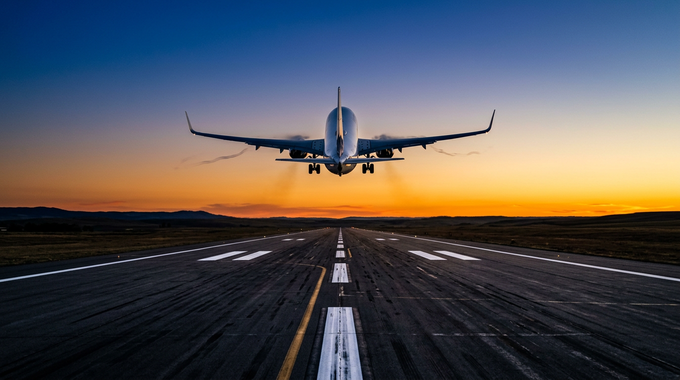Airplane taking off from a runway into a sunset sky